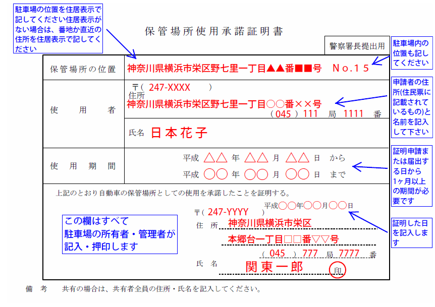 保管場使用承諾証明書の書き方