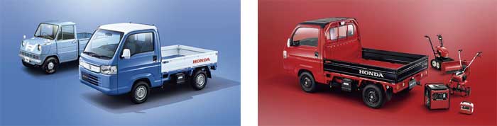 ACTY TRUCK TOWN 特別仕様車（ベイブルー×ホワイト）。奥は1963年にHonda念願の四輪進出第1号となった「T360」（左）ACTY TRUCK TOWN 特別仕様車のスピリットカラースタイル （フレームレッド×ブラック）（右）...ザ・トラック...ザ・トラック