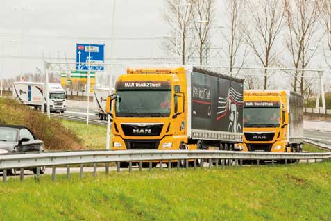 MANの隊列はセミトレ2台構成。独ミュンヘンから845km走行してゴールした。スウエーデンのSCANIAと共に独VWのグループに属している現在、隊列走行技術には両車が共有する部分は多いものと推測される。...ザ・トラック