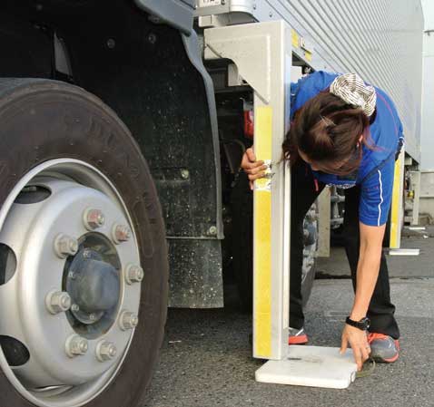 脱着後の荷箱を安定させるため、支持脚の下に板をかませてセット。...ザ・トラック
