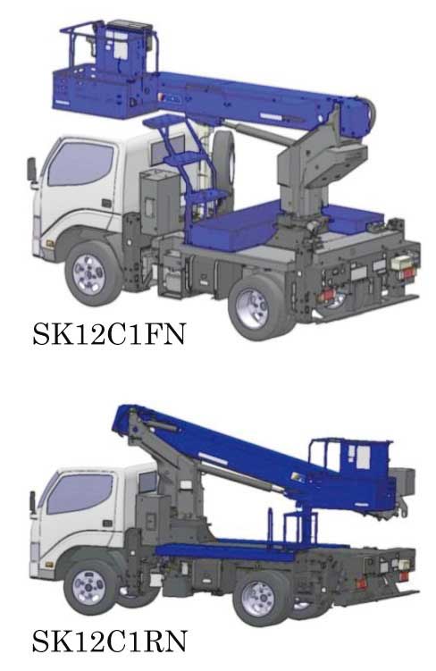 12ｍ級トラック式高所作業車の前方格納型（上）と後方格納型（下）...ザ・トラック