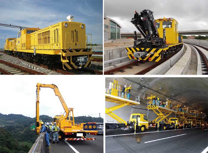 北陸重機工業の主要製品。ディーゼル機関車（上左）、軌道モーターカー（上右）、橋梁橋梁点検車（下左）、水噴霧測定車（下右）...ザ・トラック